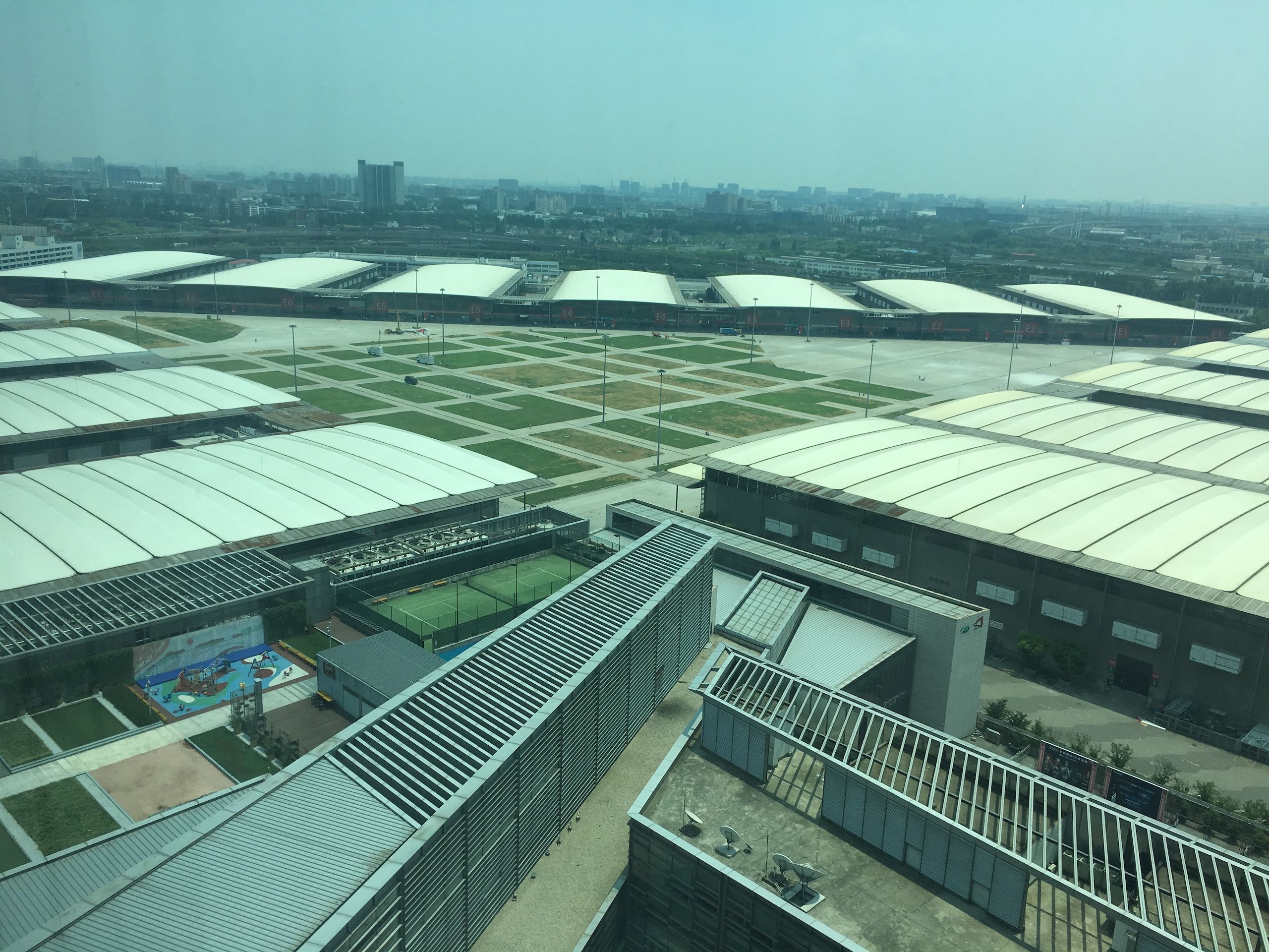 The massive, multi-building complex of the Shanghai New International Expo Center